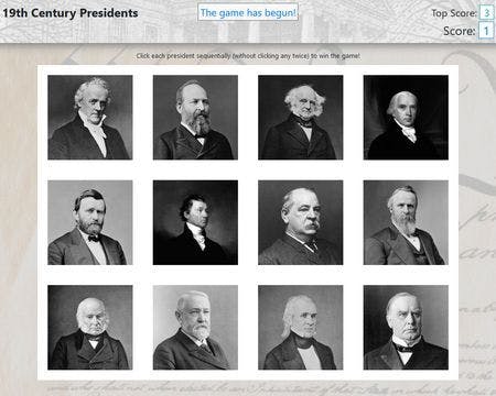19th Century Presidents Memory Game